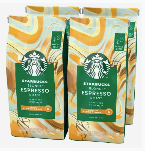 STARBUCKS Blonde Espresso Roast, Blonde Roast, Whole Bean Coffee 450g (Pack of 4)