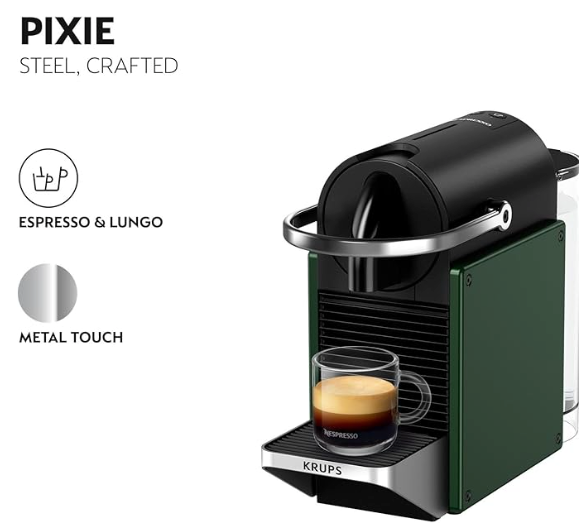 Nespresso Pixie Coffee Pod Machine by Krups in Dark Green XN3063G0, 19-Bar High Pressure